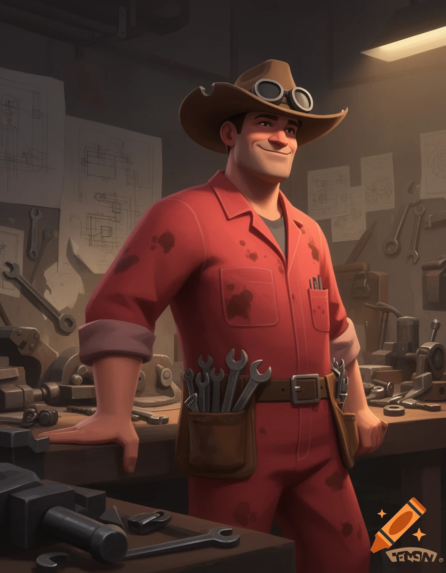 A cartoon man in a red overall, cowboy hat, and goggles smiles in a cluttered workshop with tools.
