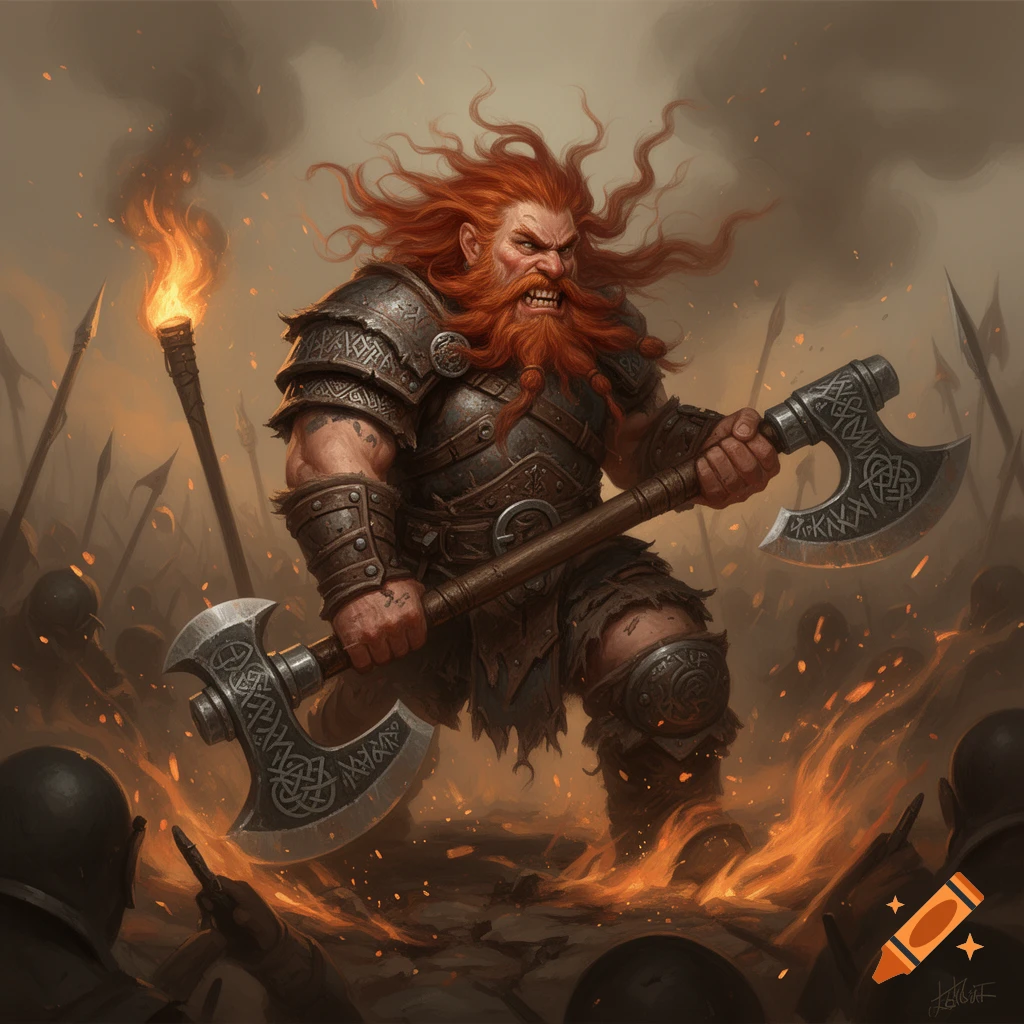 A fierce red-bearded dwarf berserker in ornate armor, wielding a double-bladed axe, stands on a fiery battlefield.