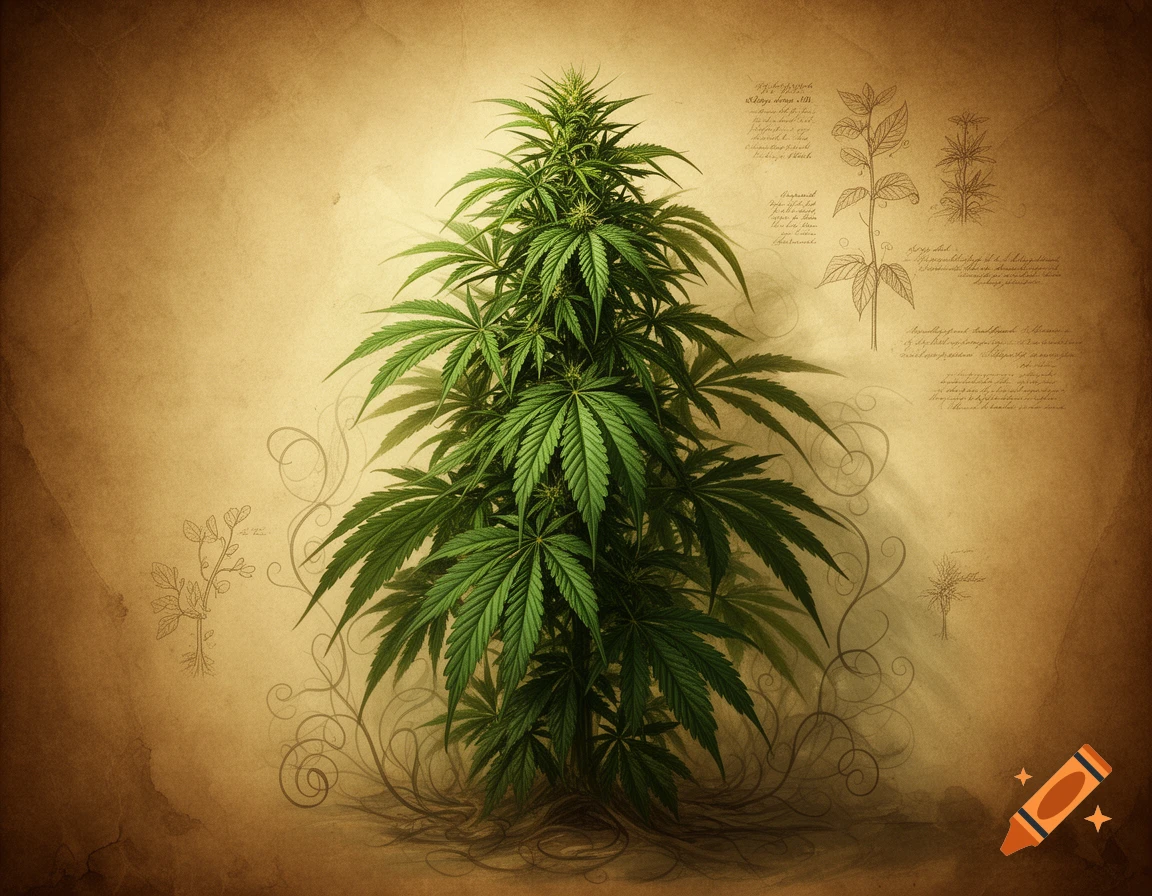 A vibrant green cannabis plant stands tall against a distressed vintage parchment background with faded botanical illustrations.