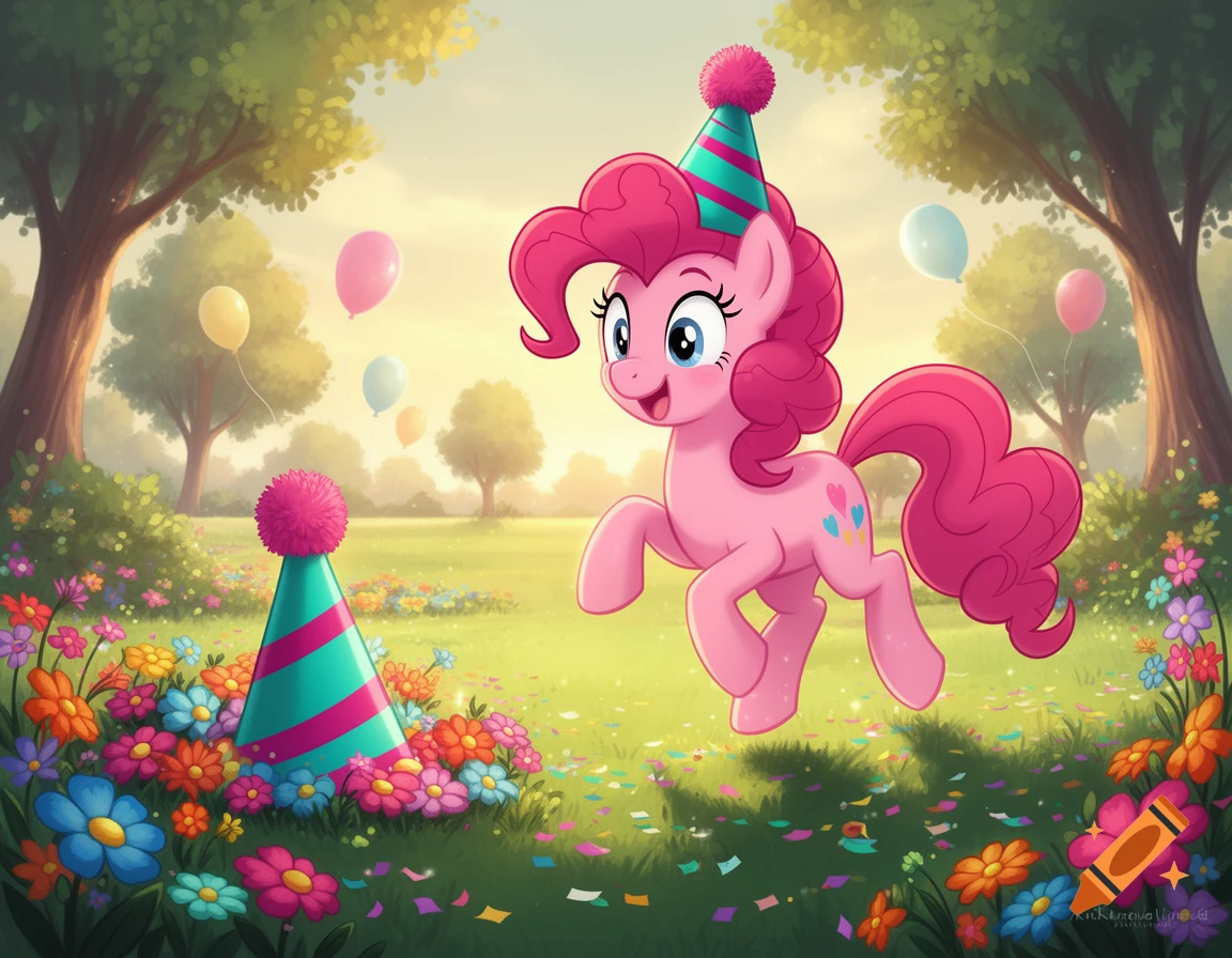 Cheerful pink pony Pinkie Pie in a party hat prances in a lush, flower-filled park with balloons and confetti, cartoon style.