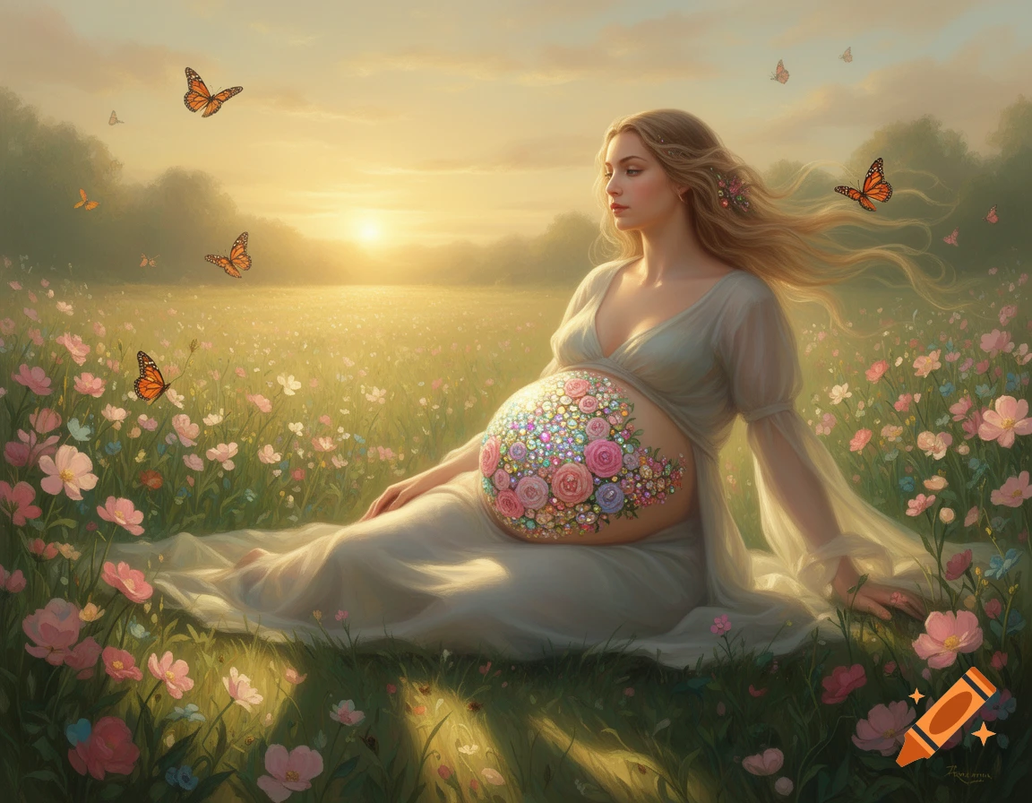 A pregnant woman with a floral and gem-decorated belly sits in a field of flowers at sunset, with butterflies flying around.