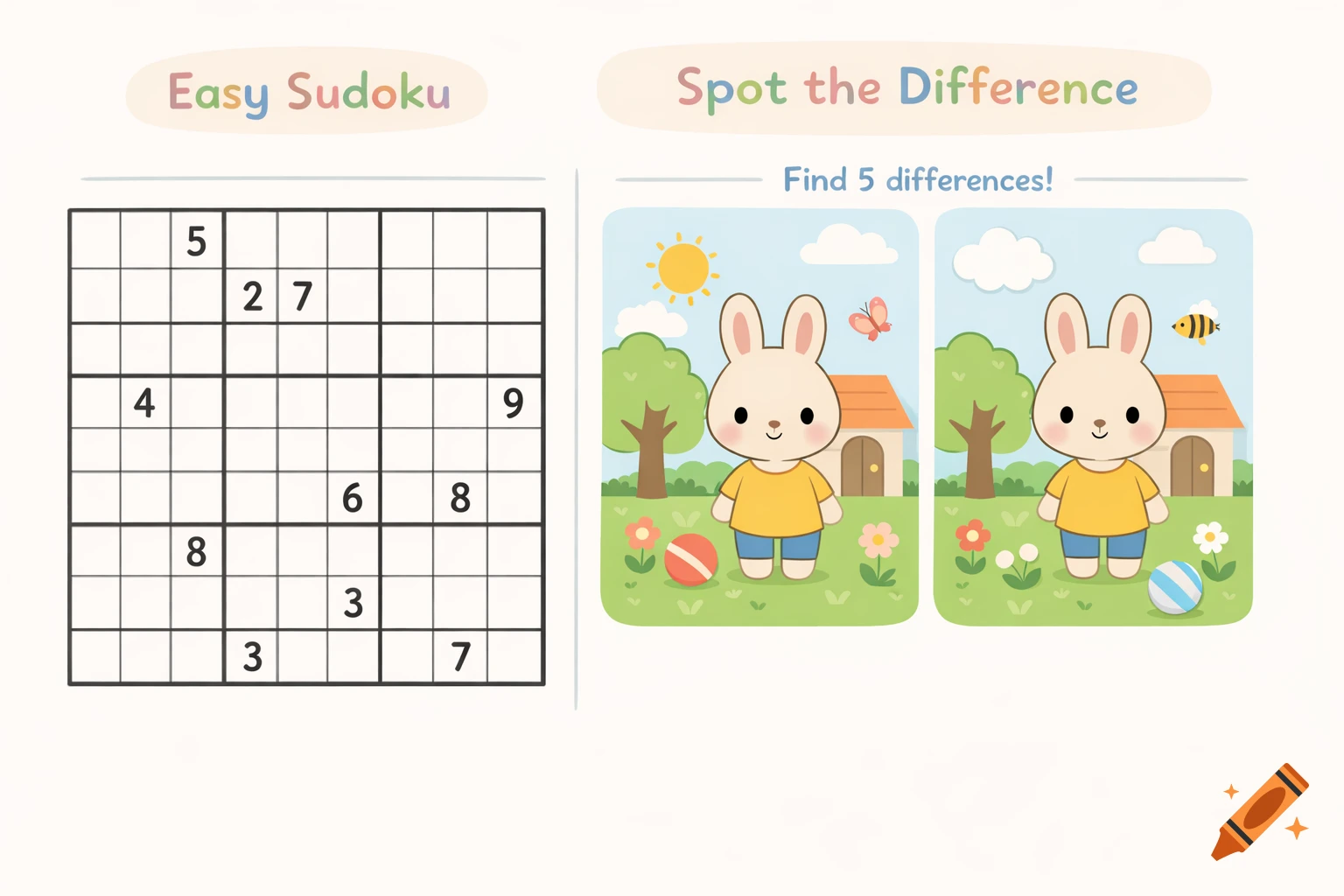 Children's activity worksheet with an Easy Sudoku puzzle and a 'Spot the Difference' game featuring cartoon bunnies in a yard.