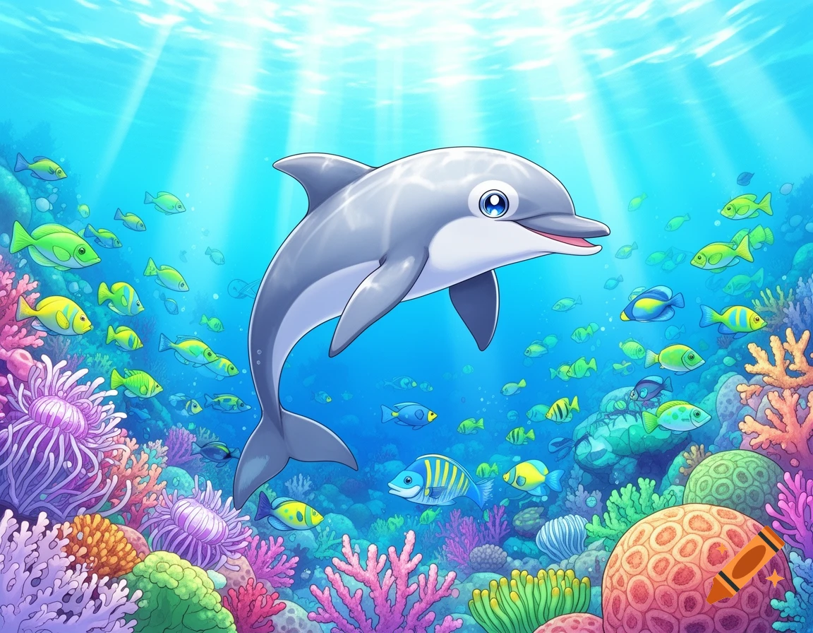 A cartoon dolphin with big blue eyes swims in a bright blue ocean over a colorful coral reef, surrounded by many small fish.