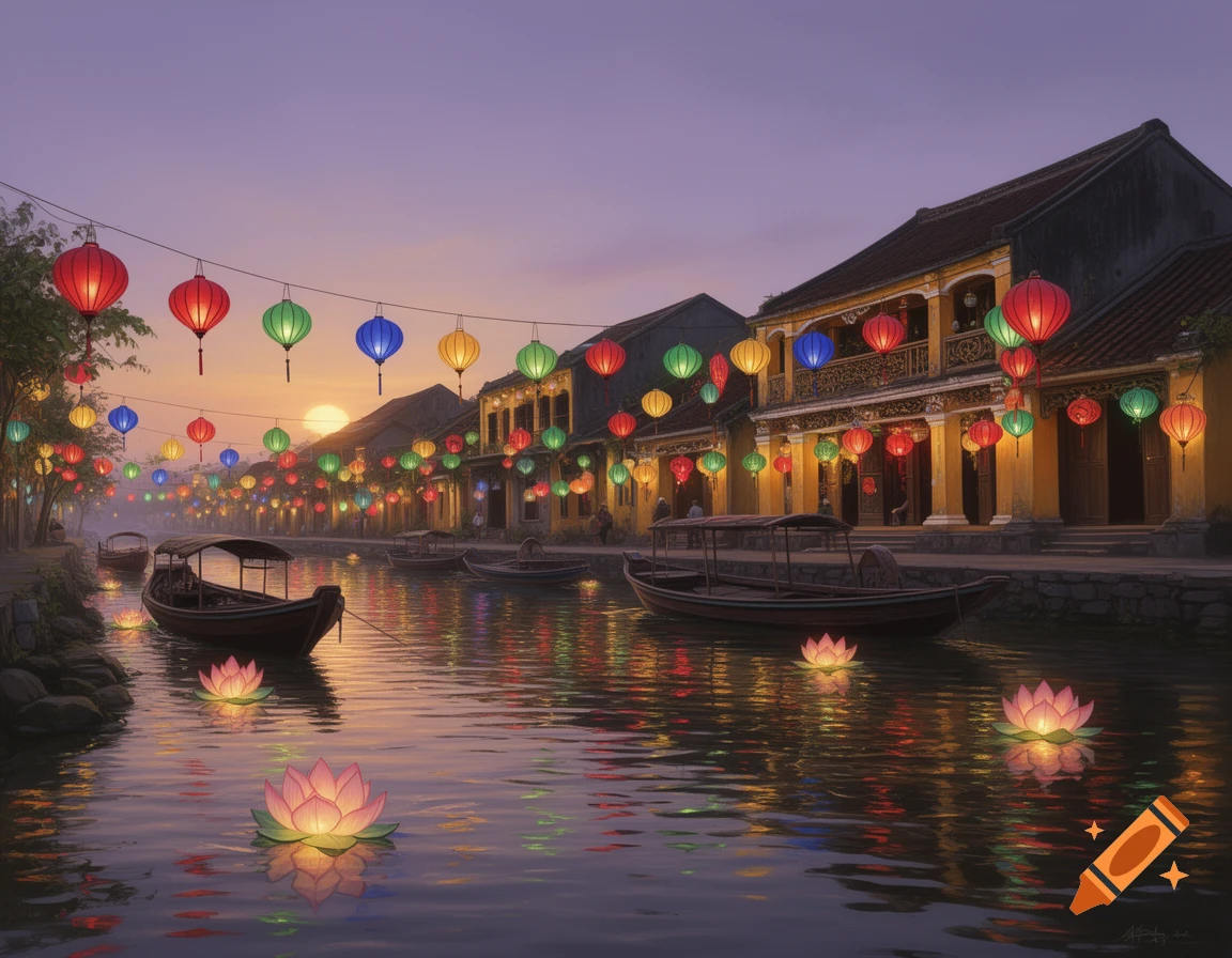 Colorful lanterns illuminate a canal in Hoi An, Vietnam, at dusk, with traditional boats and glowing lotus flowers floating on the water.