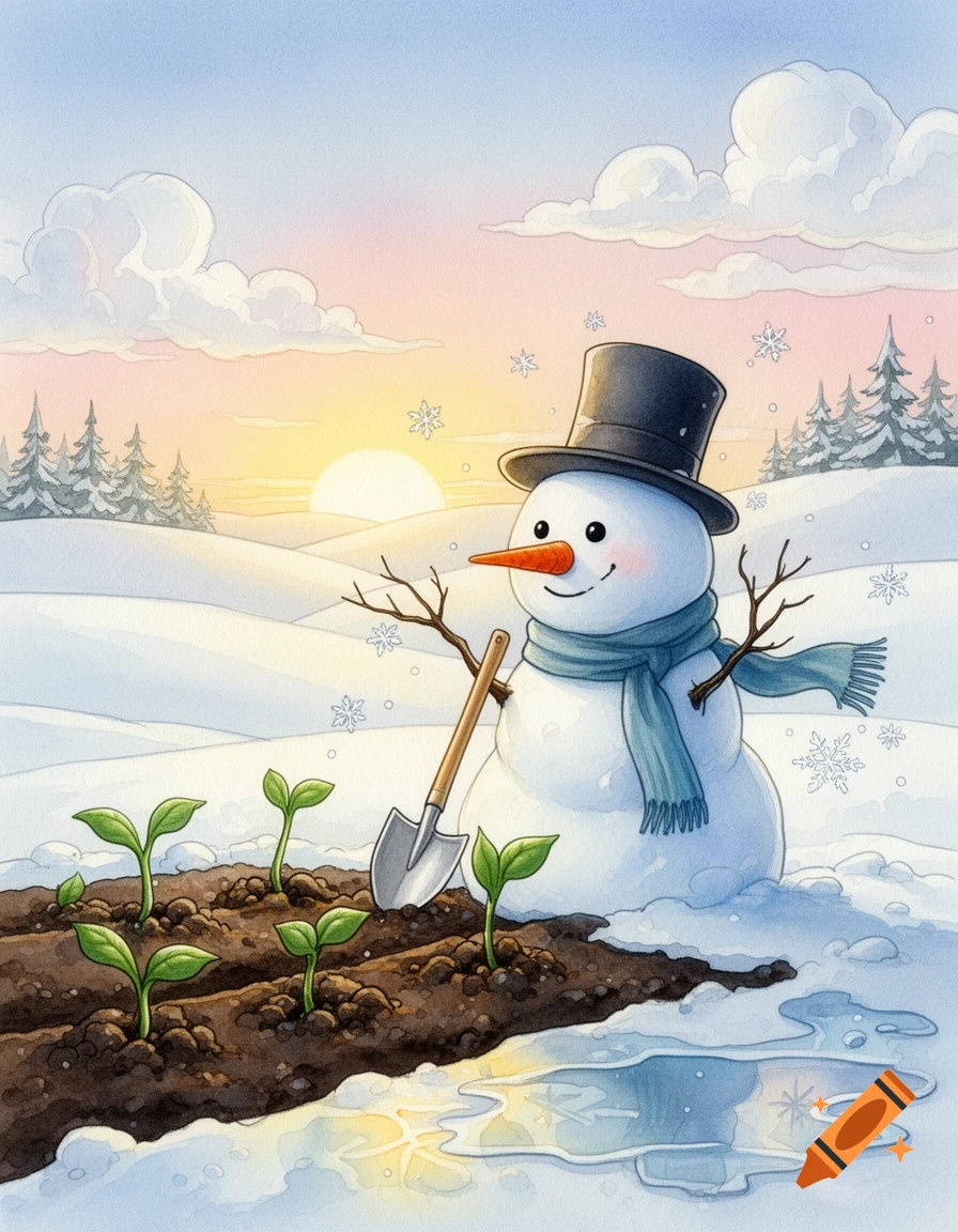 A cheerful watercolor snowman in a top hat and blue scarf stands next to a shovel, planting green sprouts in a snowy field at sunset.