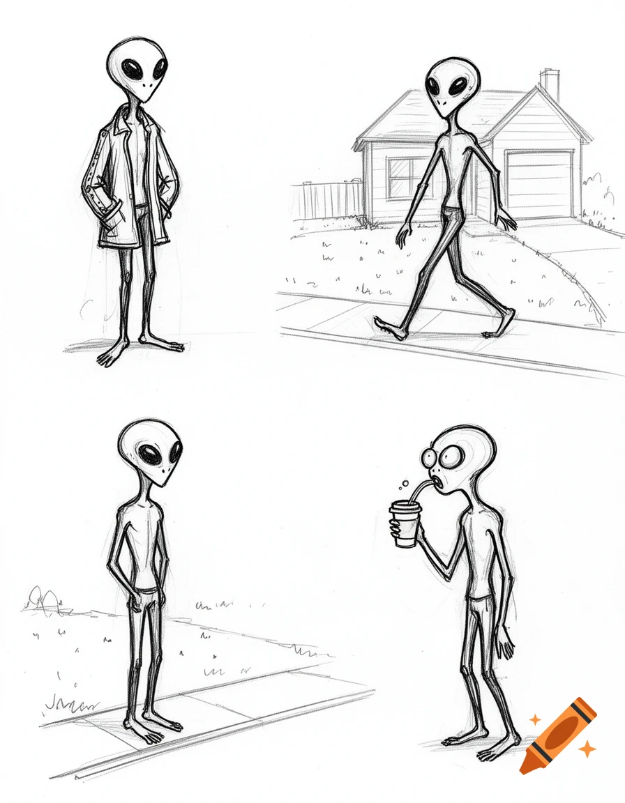 Four black and white hand-drawn sketches of a skinny alien figure acting human in a suburban setting, walking, standing, and drinking coffee.