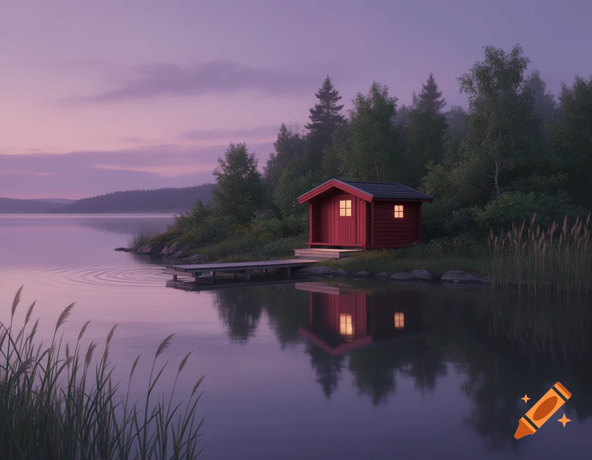 A red wooden cabin with glowing windows sits by a serene lake at dusk, surrounded by trees and reeds, under a purple sky.