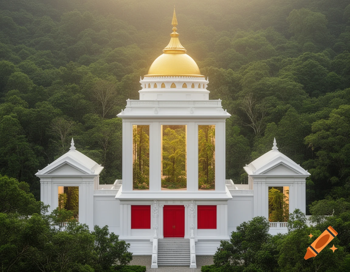 A grand white temple with a golden dome and red doors, nestled in a lush green forest, with reflective windows.