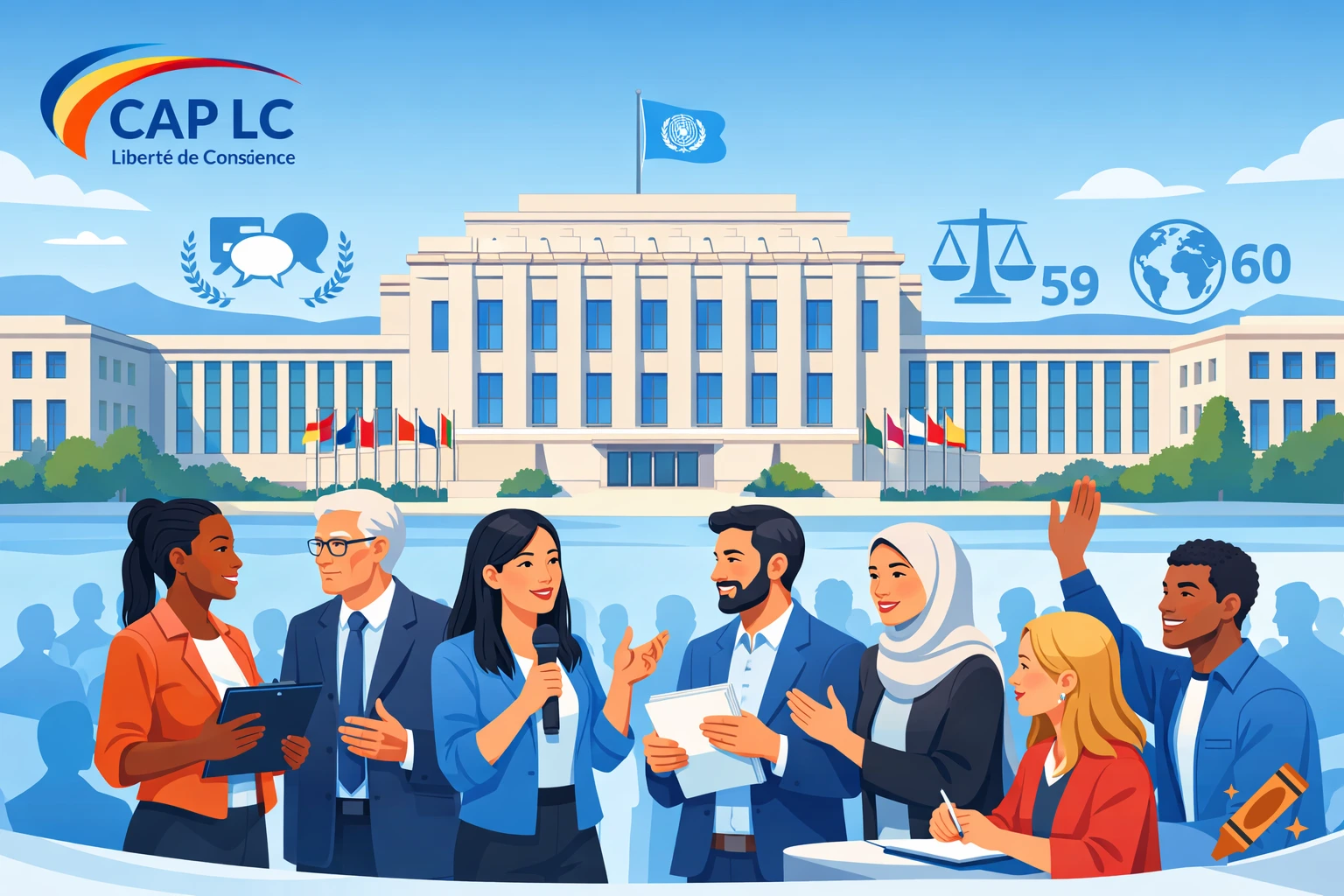 A vector illustration of a diverse group of civil society representatives discussing in front of the UN building in Geneva, with the CAP LC logo and symbols of justice and global issues.