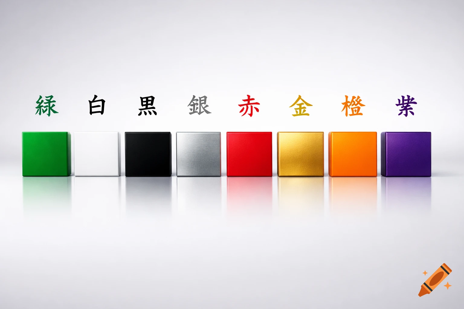 Eight colorful cubes lined up on a reflective surface, each with a Japanese character indicating its color above it.