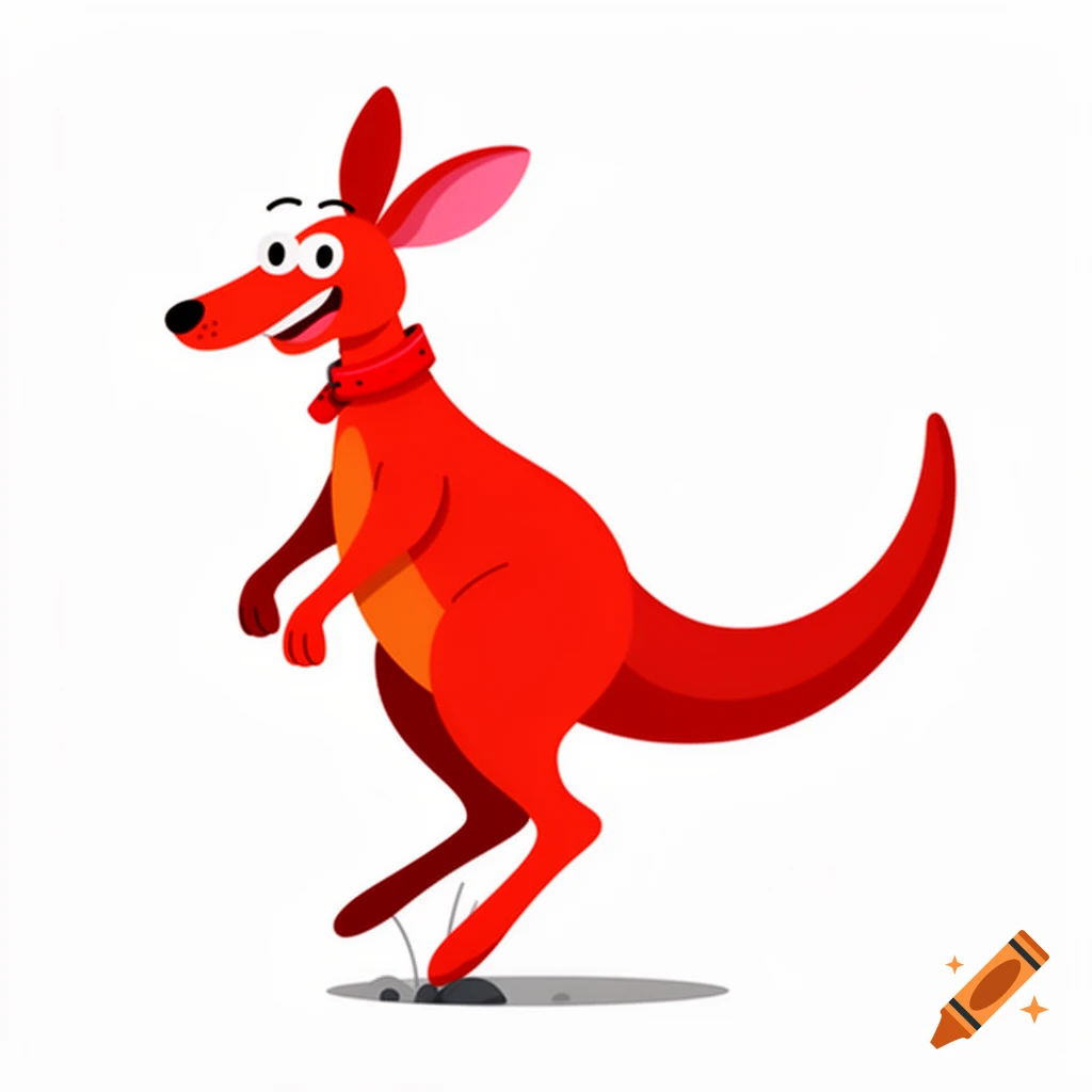 A red cartoon kangaroo with a long snout, large white eyes, and a red collar, leaning back and balancing on its tail while lifting both feet.