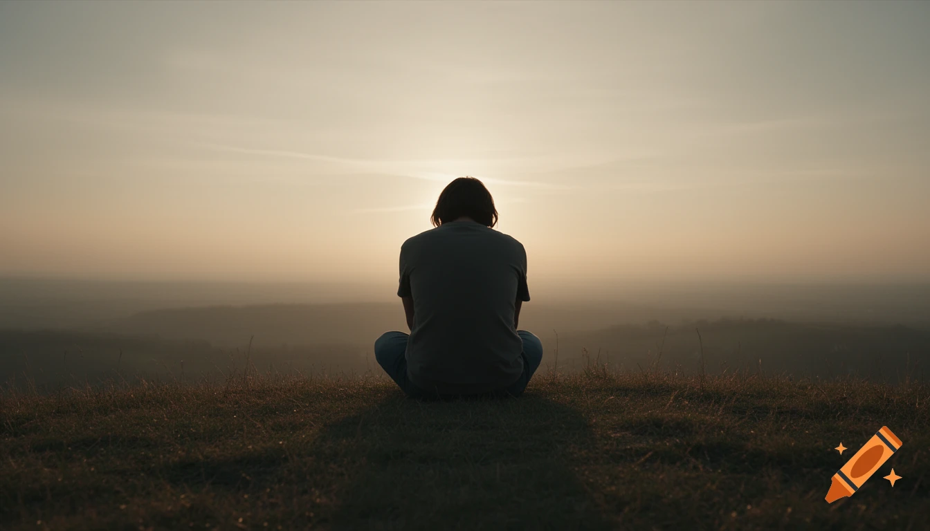 A person sits on a grassy hill with their back to the camera, silhouetted against a soft, warm sunrise over a distant landscape.