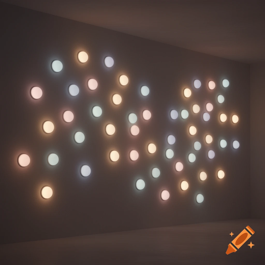 A wall adorned with numerous glowing, pastel-colored hemispherical lights, creating a soft, ambient illumination.