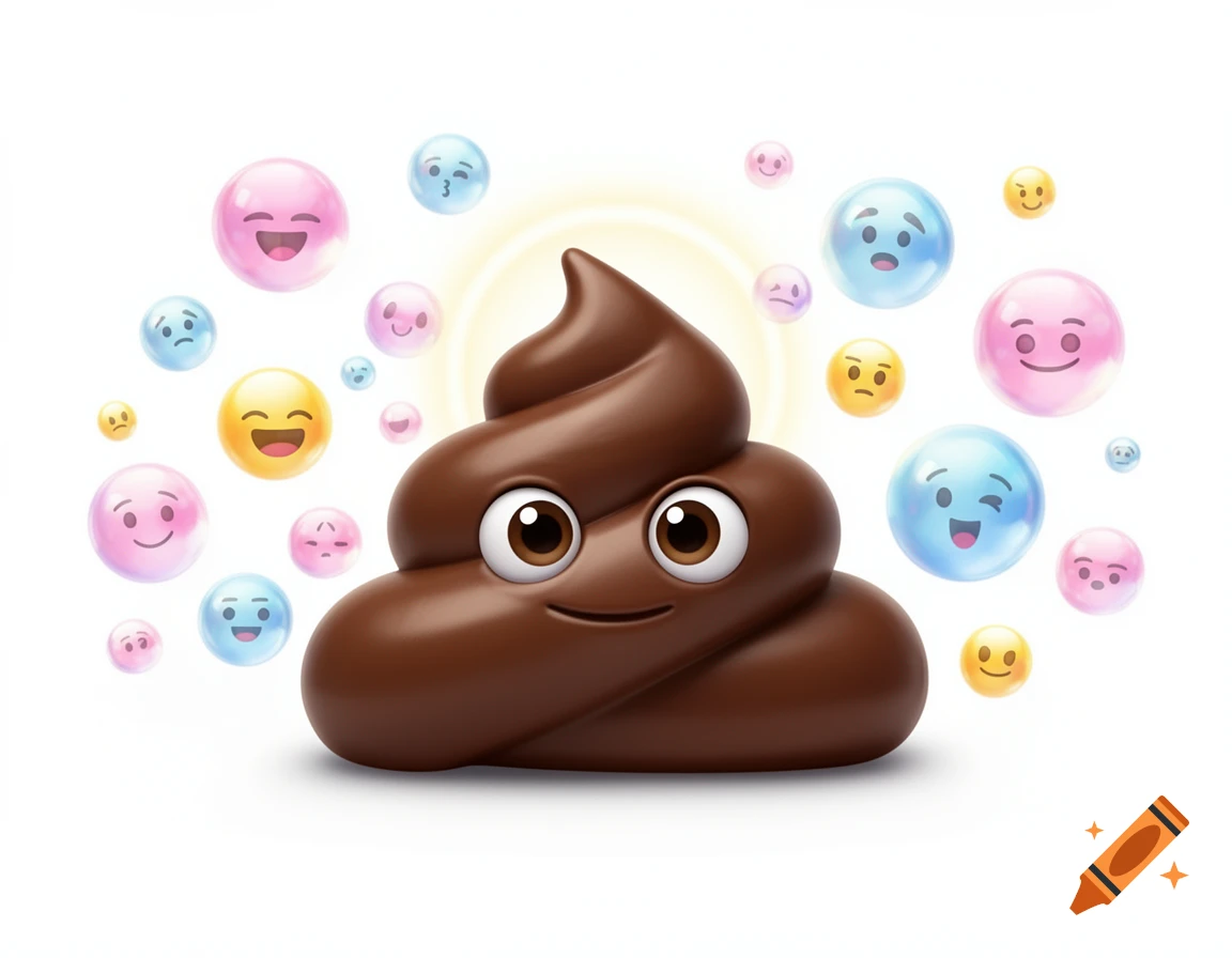 A smiling 3D poop emoji surrounded by colorful floating emojis on a white background.