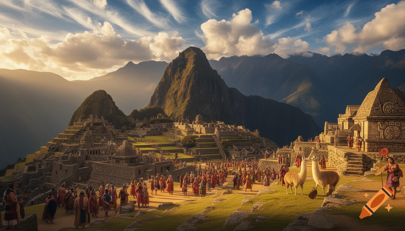 Cinematic wide-angle view of a Machu Picchu-style Inca city in the Andes mountains, with many people in colorful clothing and llamas under golden sunlight and dramatic clouds.