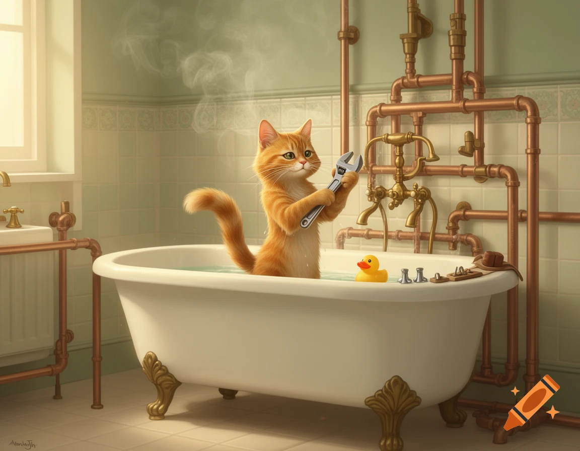 An orange cat holds a wrench in a bathtub, surrounded by copper plumbing pipes in a detailed bathroom setting, with a rubber duck.