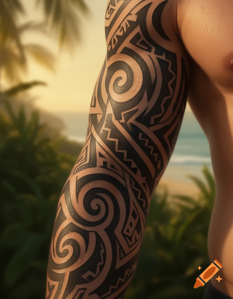 Close-up of a man's arm with an intricate black tribal sleeve tattoo and water droplets, against a blurred tropical beach background.