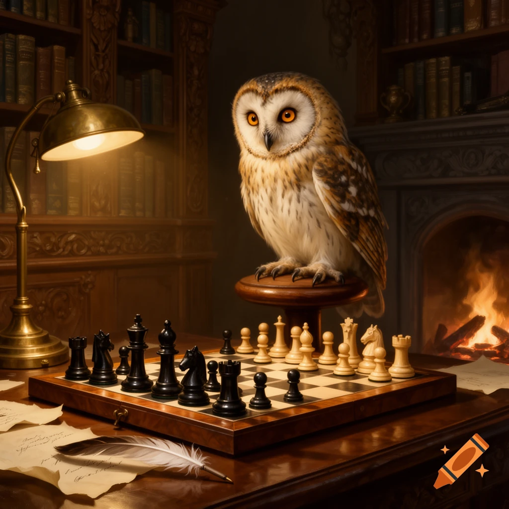 A barn owl sits on a stool next to a chessboard in a dimly lit library, with a glowing lamp and fireplace.