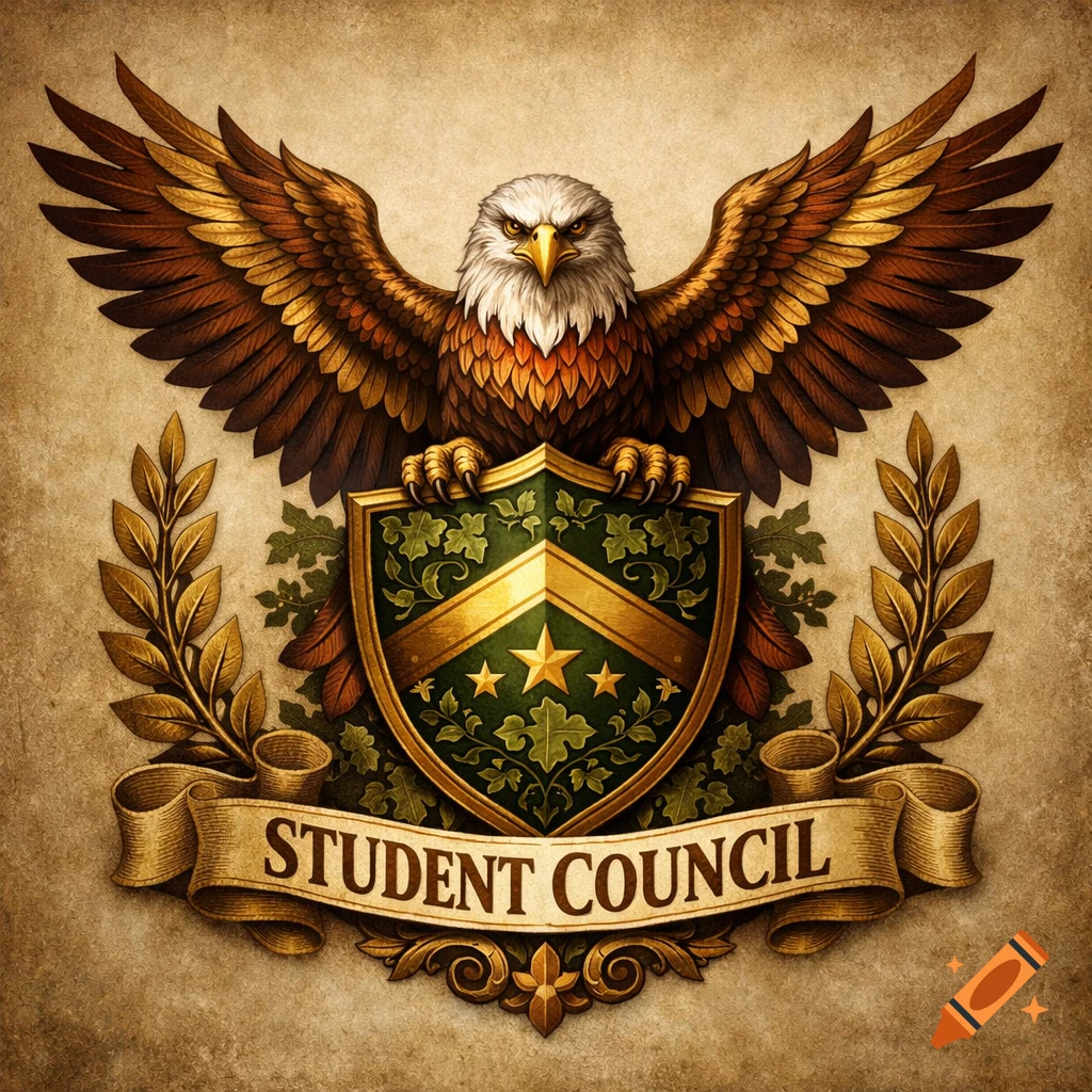 A detailed student council crest with a majestic eagle, shield, and a banner reading 'STUDENT COUNCIL'.