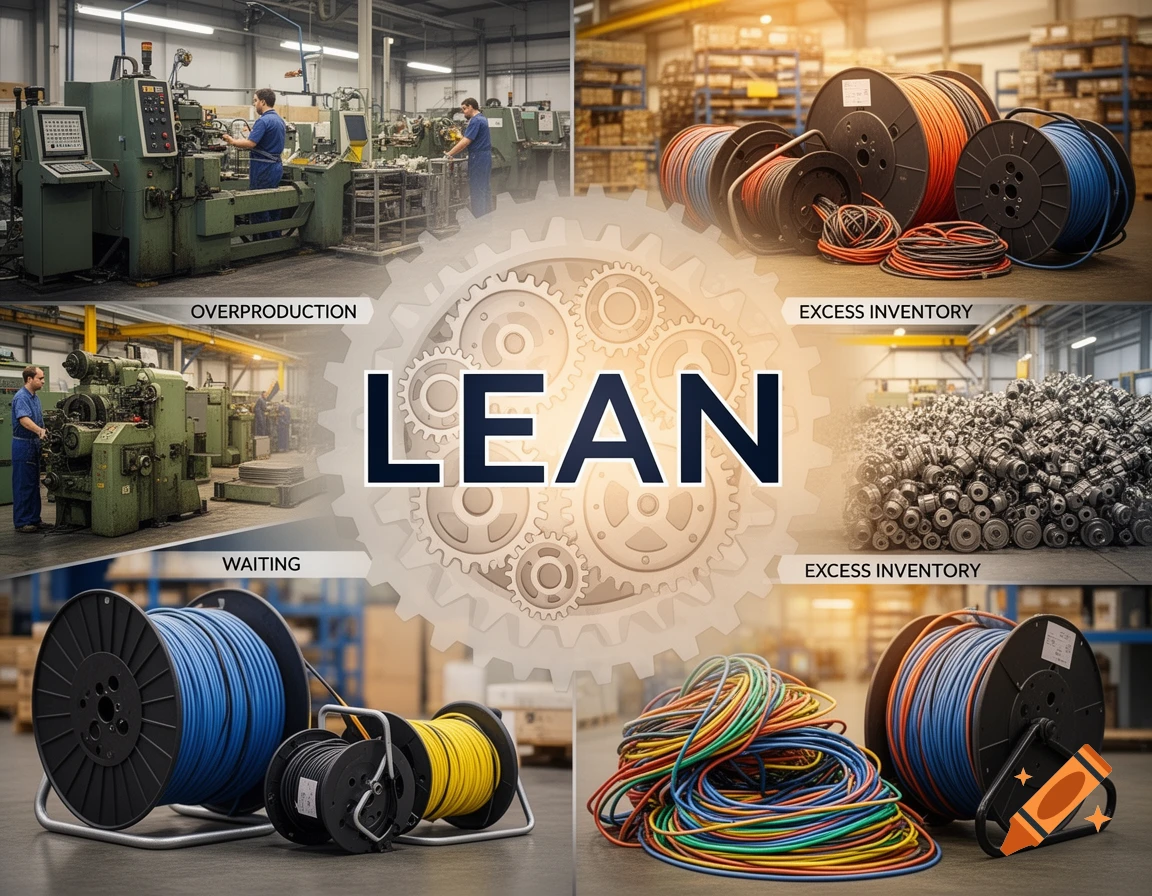 A collage featuring factory workers, machinery, cable reels, and other inventory, with the word 'LEAN' surrounded by gears and labels of waste.
