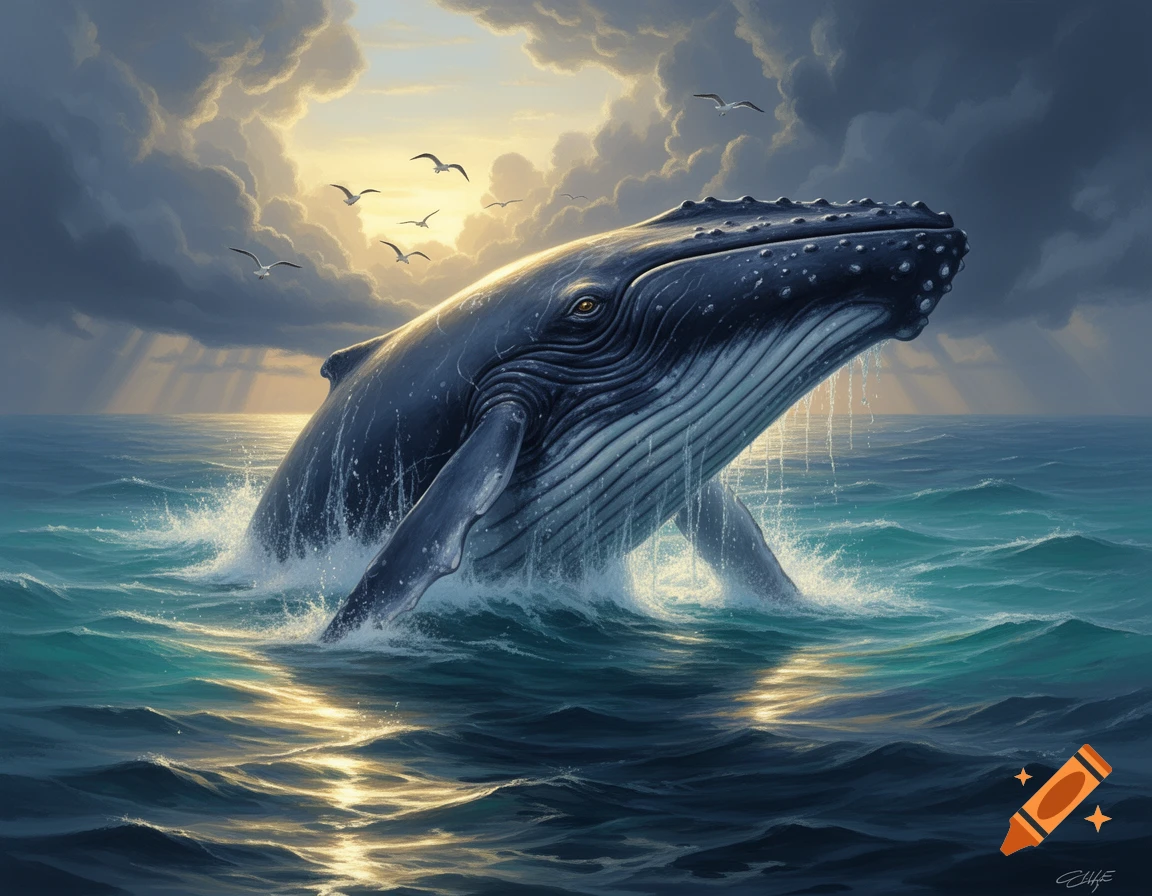 A majestic whale breaches from the ocean under a dramatic, sunlit cloudy sky with seagulls flying overhead, digital painting.