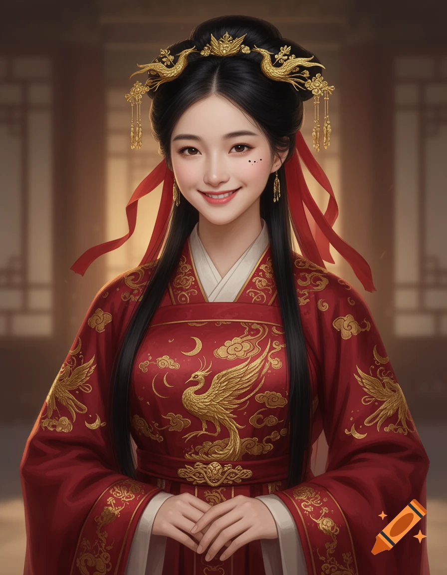 A smiling young East Asian woman in an ornate red traditional Chinese hanfu with gold phoenix embroidery and golden hairpins.