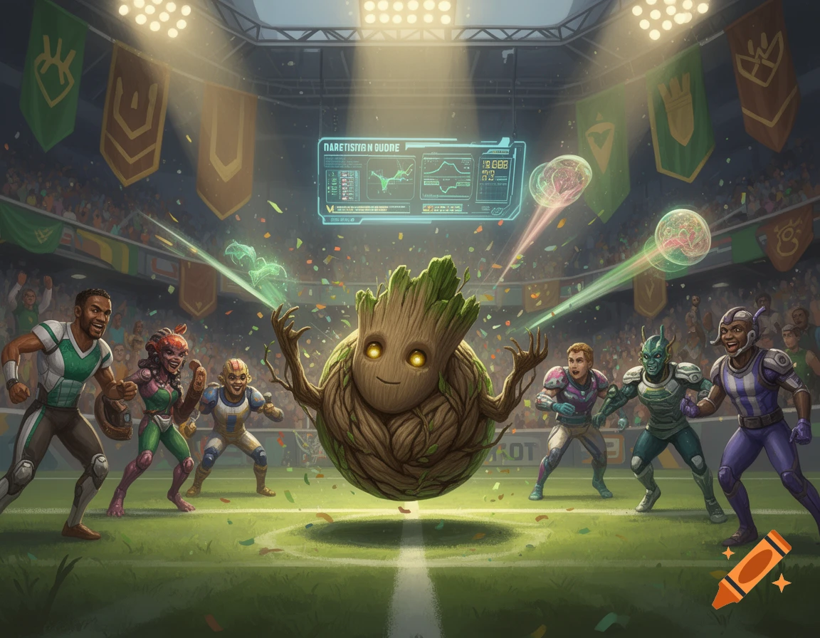 Baby Groot as a glowing ball in a fantasy sports stadium with diverse alien-like players and confetti.