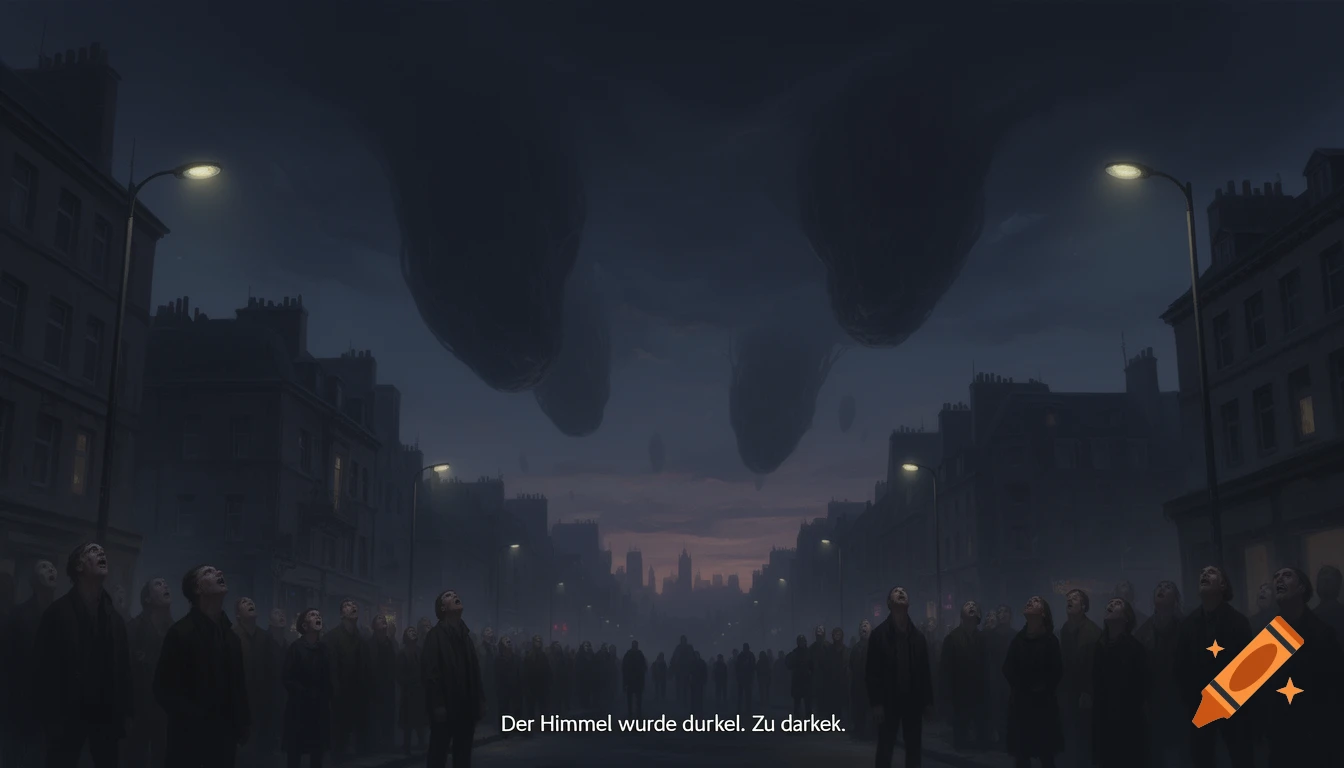 A dark street scene with a crowd looking up at large, ominous dark shapes descending from a twilight sky over a city.