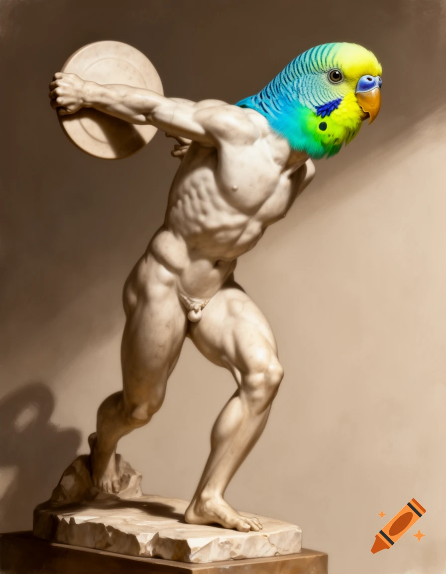 A marble statue of the Discobolus, a male athlete, with a colorful budgie head, holding a discus.