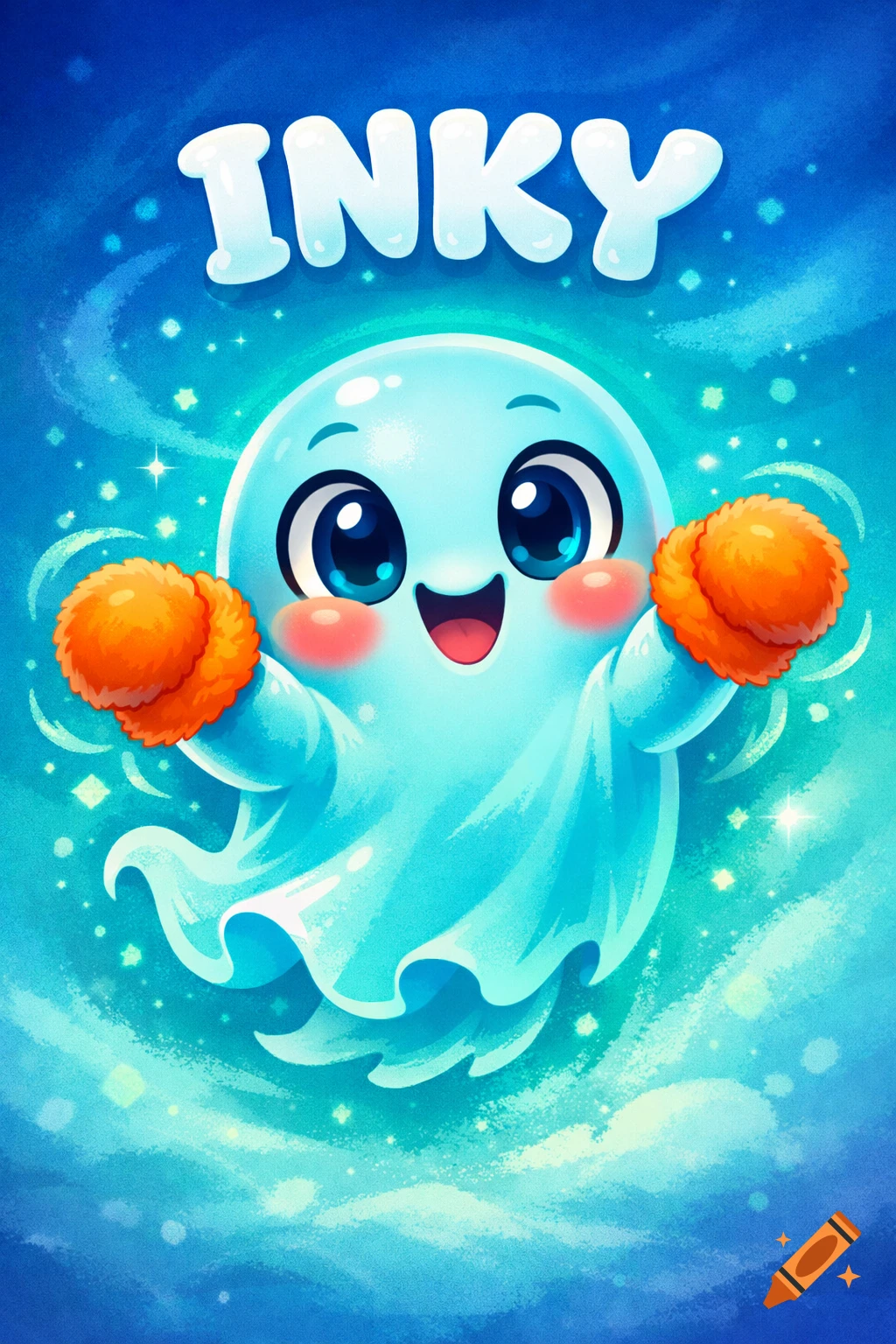 A happy, cute cyan cartoon ghost with big eyes, orange mittens, and "INKY" text above on a sparkling blue background.