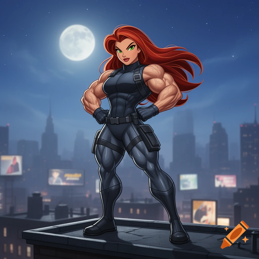 A muscular female superhero with long red hair and a black tactical ...
