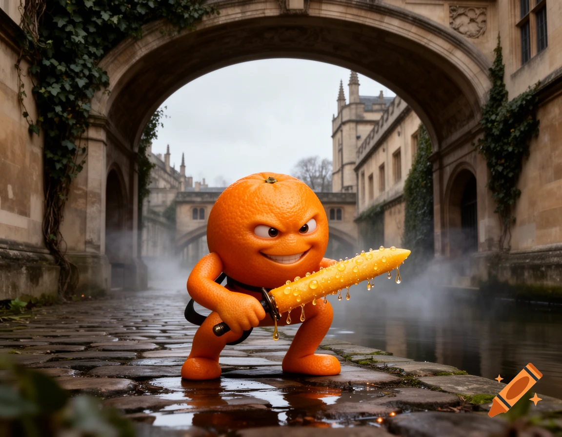 A menacing anthropomorphic orange fruit with a dripping orange weapon stands under a stone arch bridge over a canal in a moody, photorealistic style.
