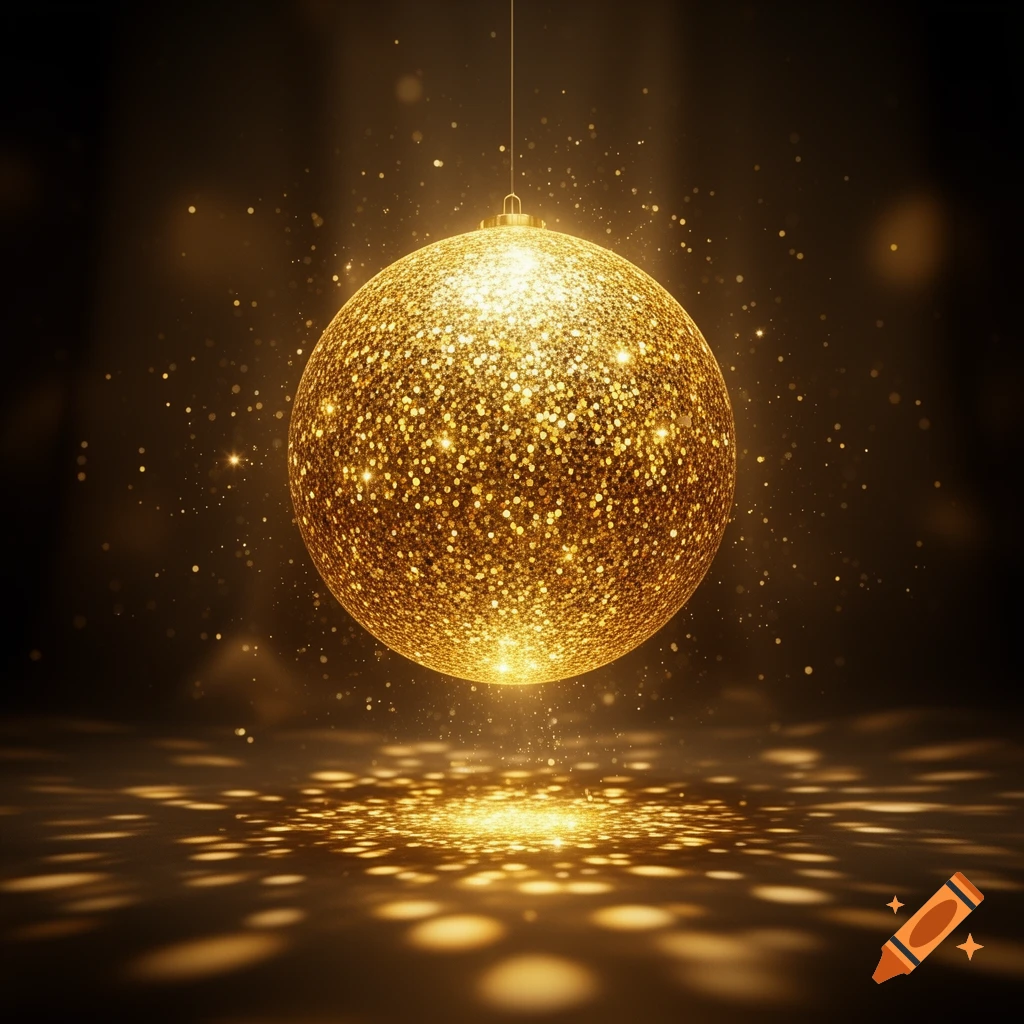 A shimmering golden glitter ball hangs in a dark space, casting sparkling light patterns on the surface below.