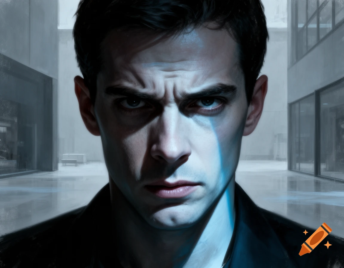 Close-up of a man with dark hair staring intensely, with furrowed brows, in a dimly lit modern building.