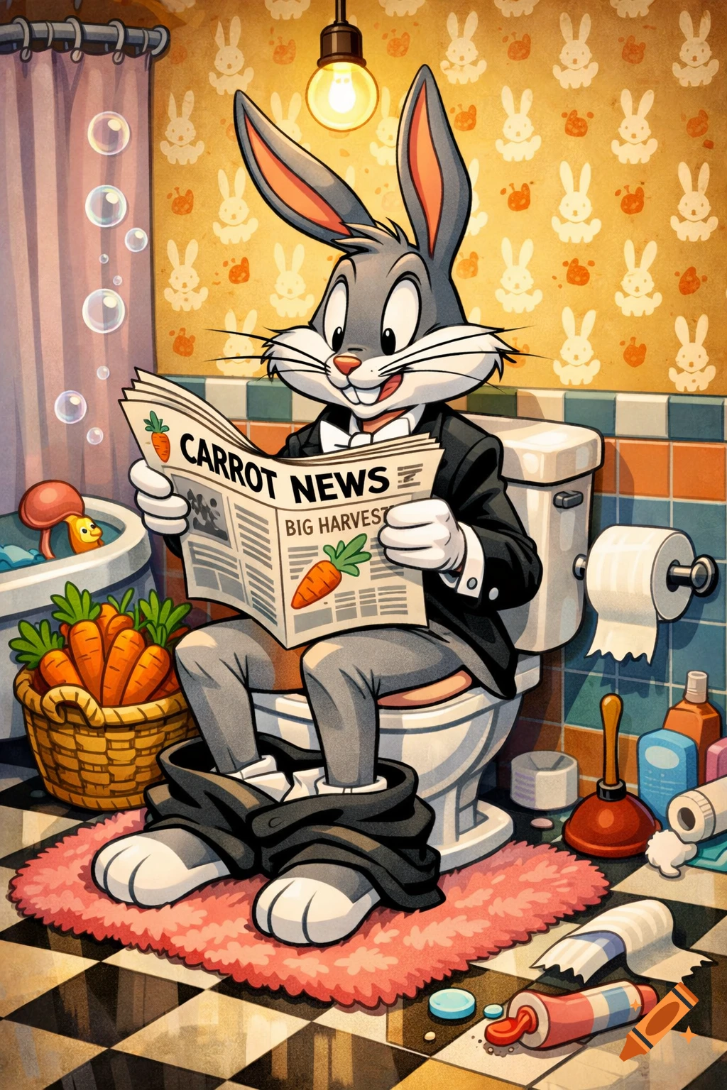 Bugs Bunny in a tuxedo sits on a toilet with pants lowered, reading "Carrot News" in a colorful cartoon bathroom.