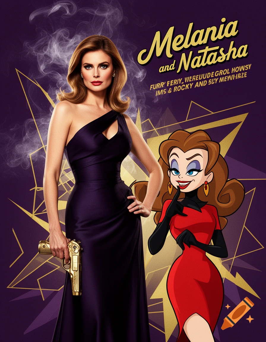 A movie poster featuring a photorealistic woman in a purple gown holding a golden gun next to a cartoon woman in a red dress. Text reads 'Melania and Natasha'.