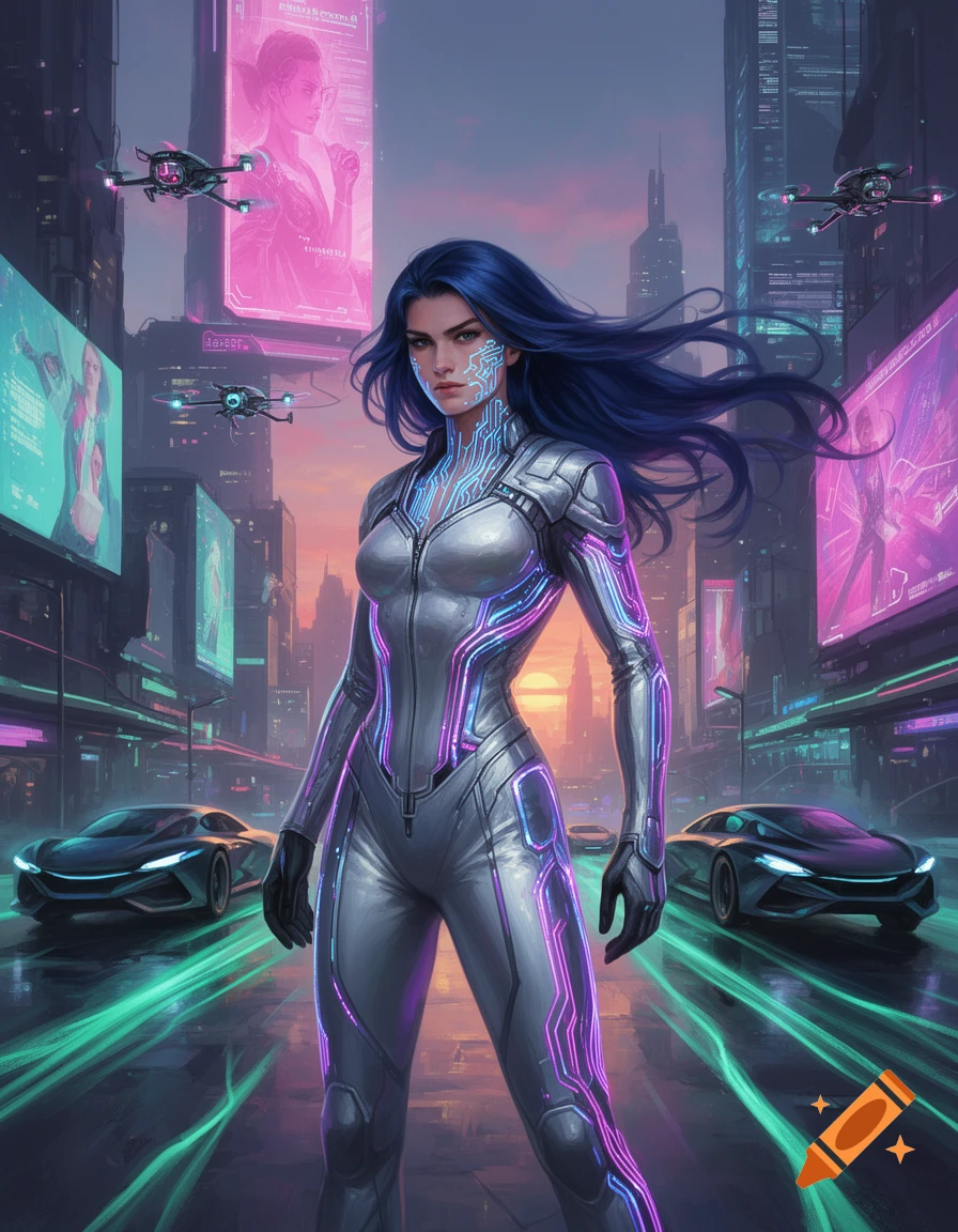 A futuristic woman with glowing circuitry on her face and suit stands in a neon-lit cyberpunk city with flying drones and sleek cars.