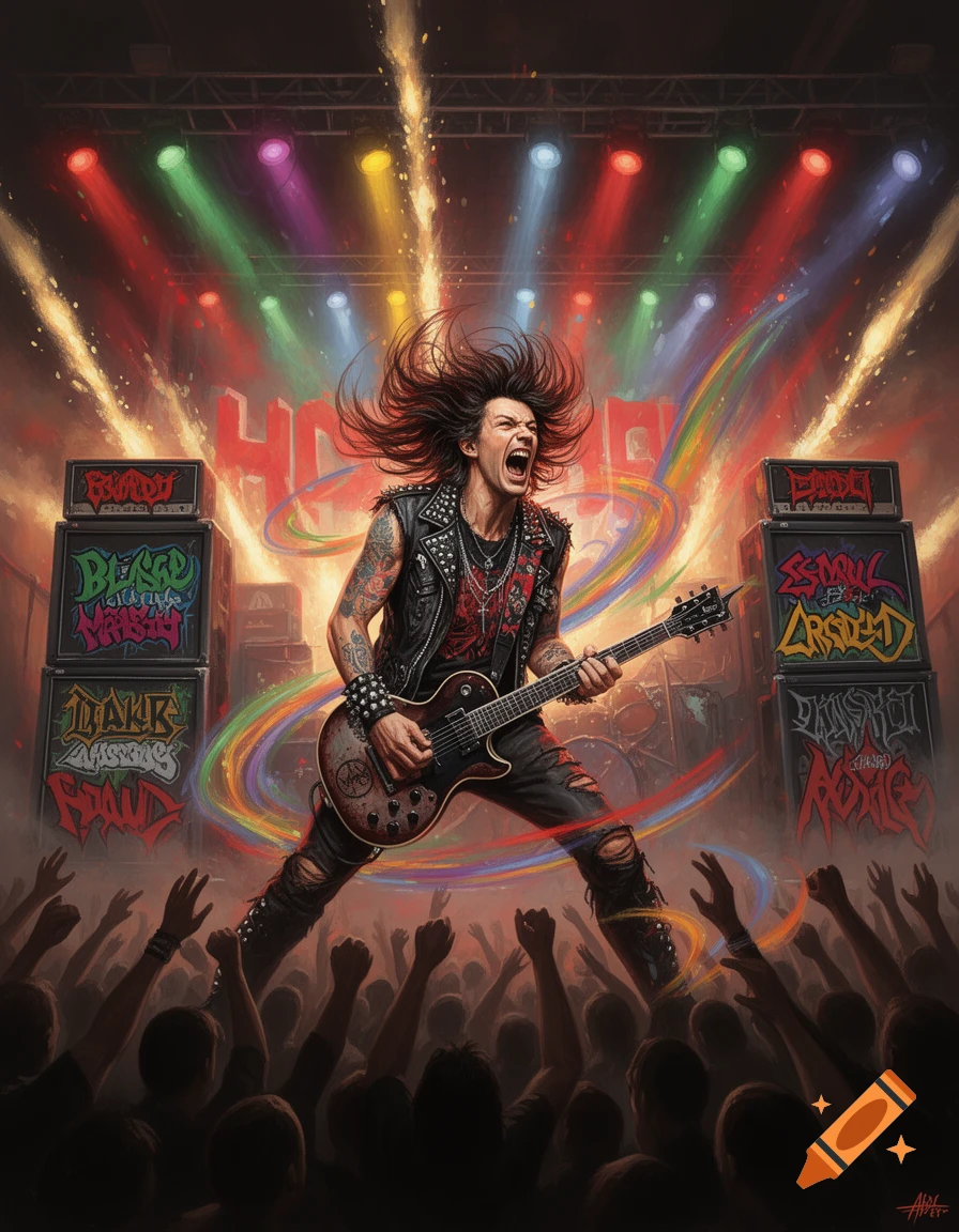 A long-haired heavy metal guitarist with tattoos on stage, playing a guitar under colorful spotlights, with a cheering crowd below.