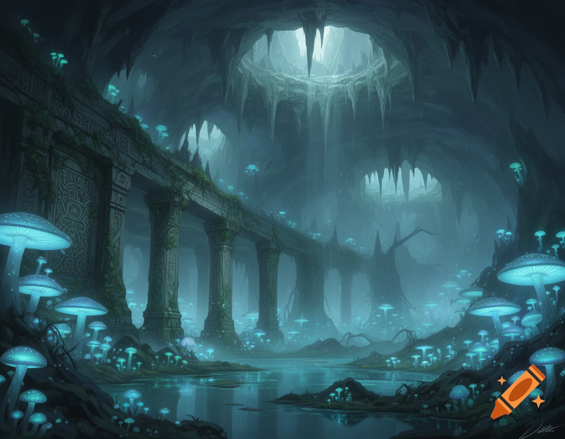 A dark fantasy underground cave with luminous blue mushrooms, ancient stone ruins, and a reflective pool.