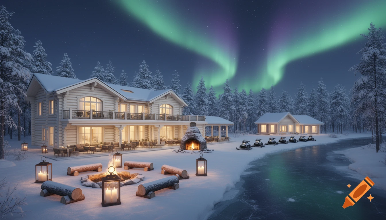 A photorealistic winter scene with a grand log-wood hotel, snow-covered trees, a frozen river, and vibrant green and purple Northern Lights. A campfire, lanterns, and snowmobiles are in the foreground.