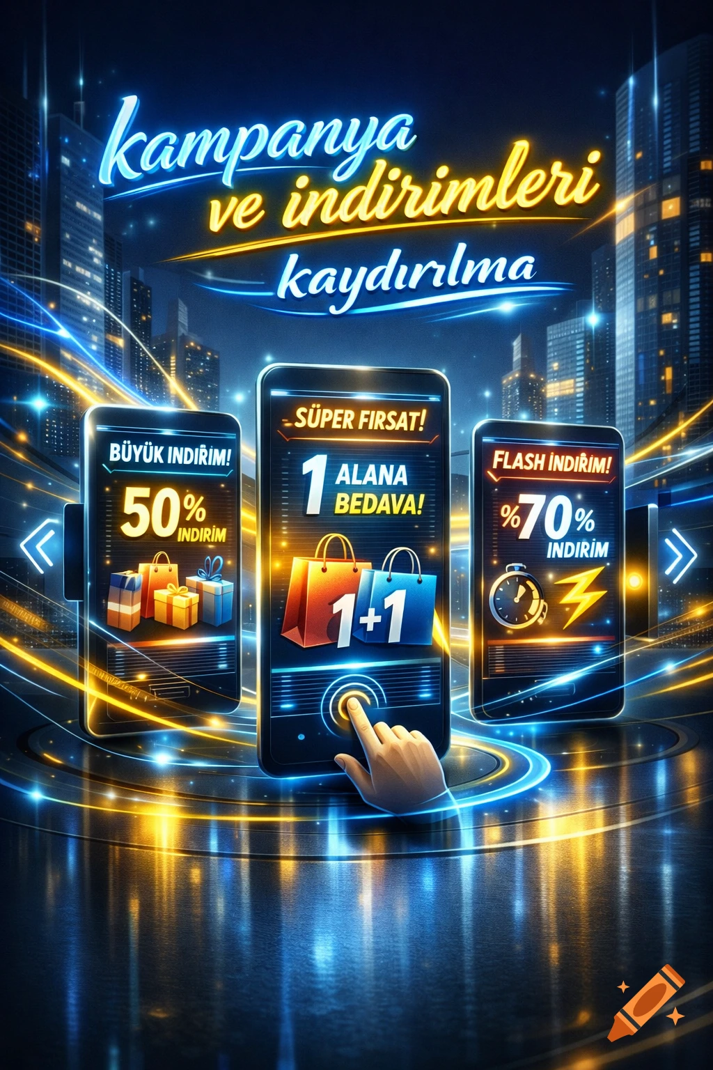 Futuristic digital shopping ad with three smartphones displaying discount offers (50%, BOGO, 70% off) against a city skyline with neon lights.