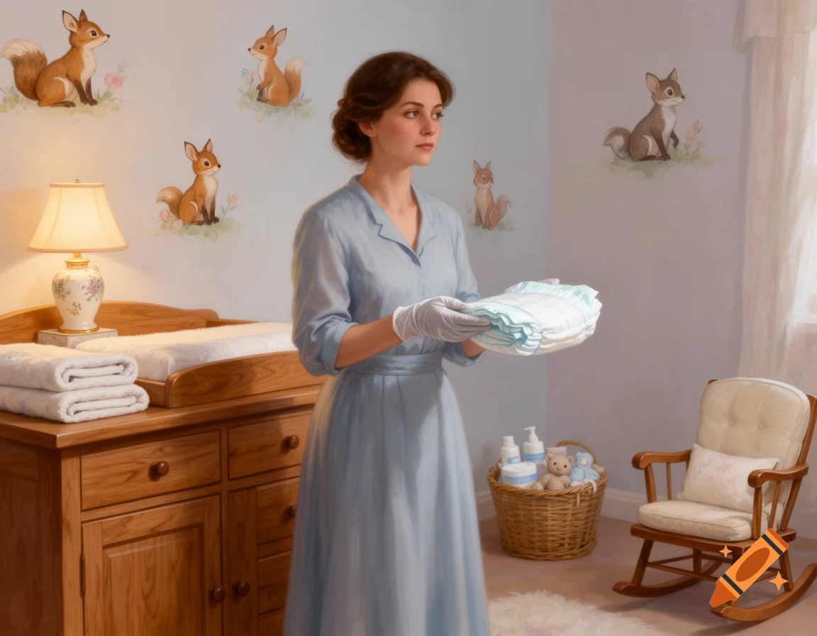 A woman in a blue dress and gloves holds diapers in a baby's room with a changing table, rocking chair, and fox wall decals.
