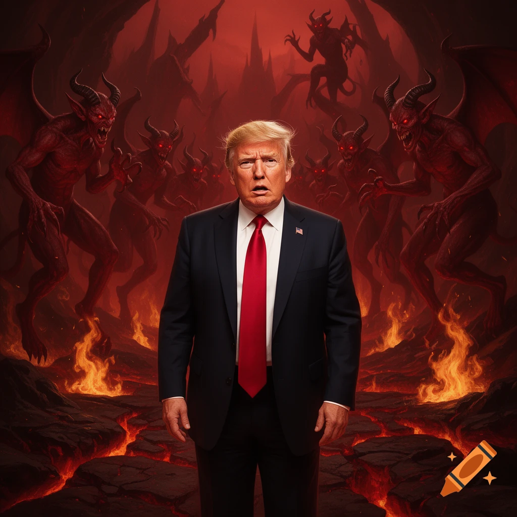 Donald Trump stands in a fiery hellscape, surrounded by red-skinned demons with horns and wings, in a dark fantasy style illustration.