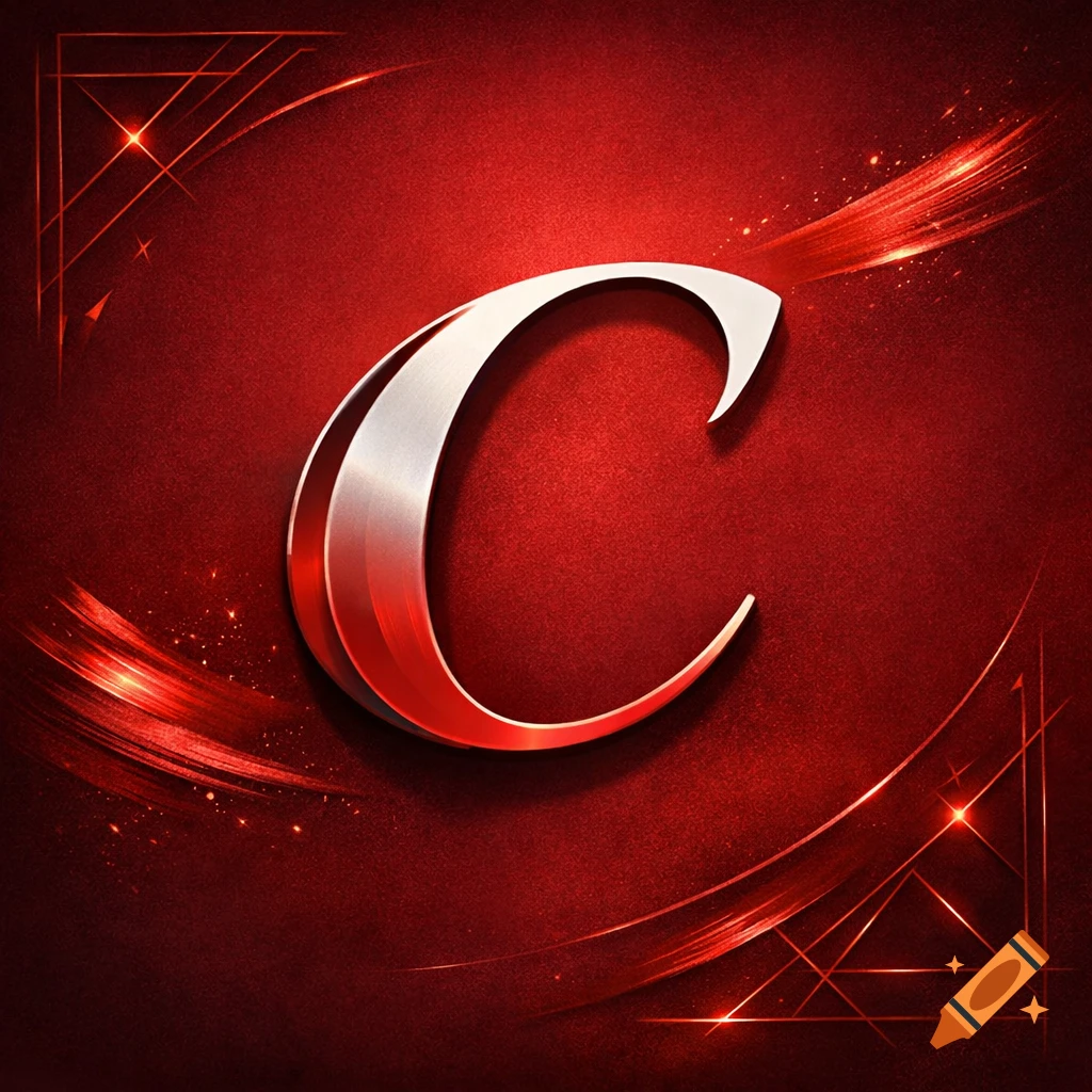 A metallic, silver and red capital letter C with a reflective finish, against a textured deep red background with glowing abstract red lines and sparkling details.