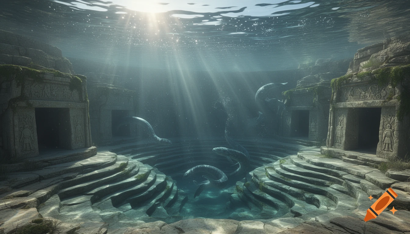 Underwater view of ancient stone ruins, terraces, and chambers with colossal eel-like creatures swimming. Sunbeams pierce the clear water.