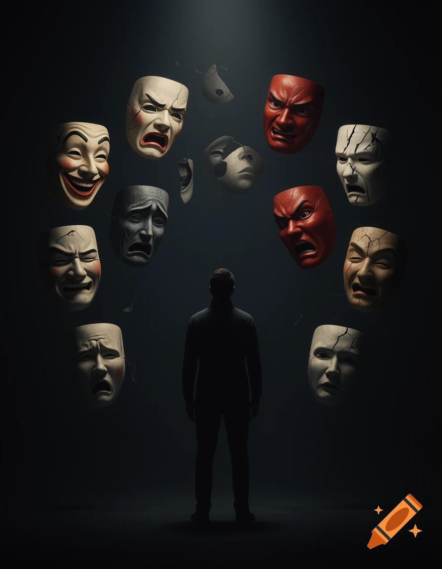 A dark, symbolic digital artwork shows a silhouette of a person surrounded by floating theatrical masks depicting various emotions like happiness, sadness, and anger, some cracked.