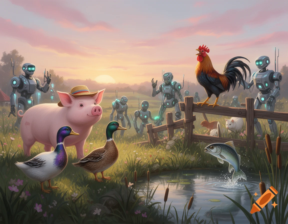A cute pig in a straw hat, two ducks, and a rooster on a fence in a grassy field with a pond, while robots stand in the background at sunrise, digital art.