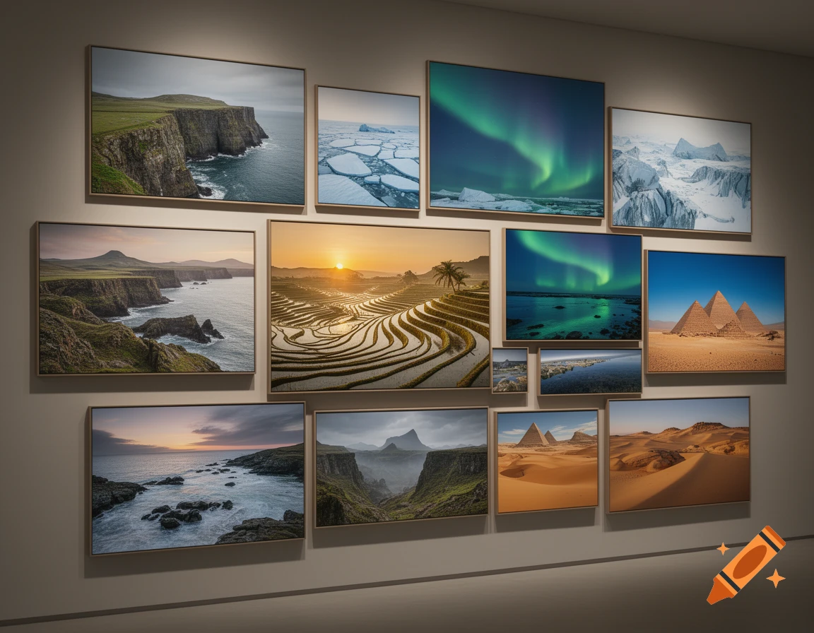 A wall display featuring multiple framed, photorealistic landscape images from various global locations, including cliffs, ice floes, auroras, pyramids, deserts, and coastal scenes.