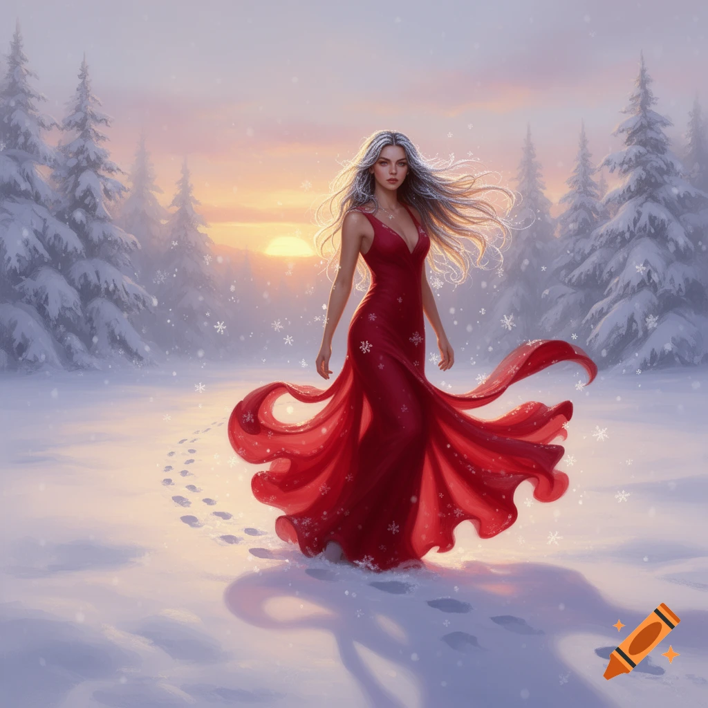 A woman in a flowing red dress walks through a snowy forest at sunset ...