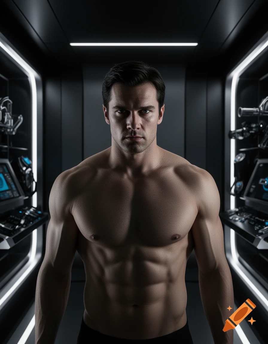 Photorealistic image of a muscular man with dark hair, looking intently at the viewer, standing shirtless in a dimly lit, futuristic room with glowing white architectural lines and tech consoles.